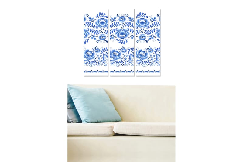 Puinen canvastaulu, 3 osaa, 50x70 cm - Sininen kukkakuvio koristeellisessa tyylissä, Sininen / Valkoinen