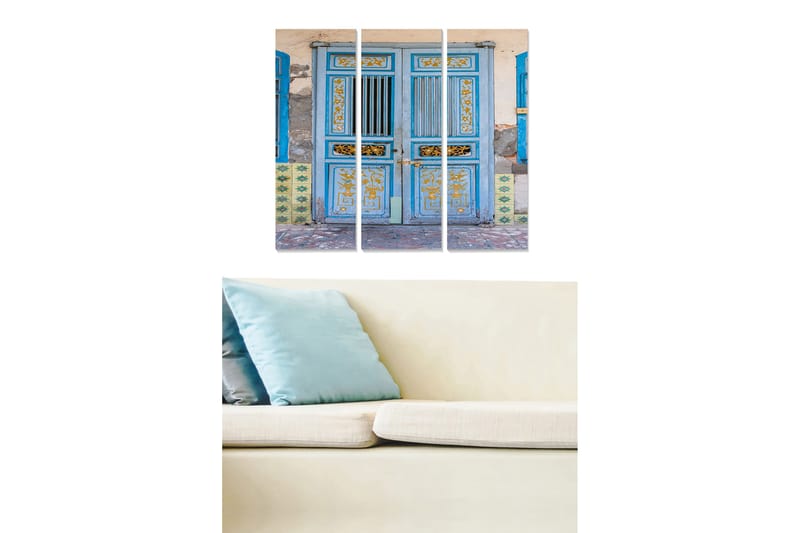 Puinen canvastaulu, 3 osaa, 50x70 cm - Sininen ovi koristeellisilla yksityiskohdilla ja kuvioilla, Sininen / Keltainen / Vihreä
