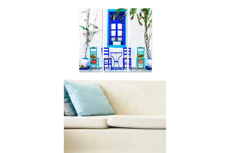 Puinen canvastaulu, 3 osaa, 50x70 cm - Siniset tuolit ja pöytä aurinkoisessa ulkoympäristössä, Sininen / Valkoinen / Vihreä