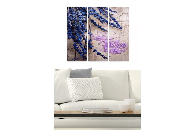 Puinen canvastaulu, 3 osaa, 50x70 cm - Sinisiä ja violetteja kukkia puista taustaa vasten, Sininen / violetti