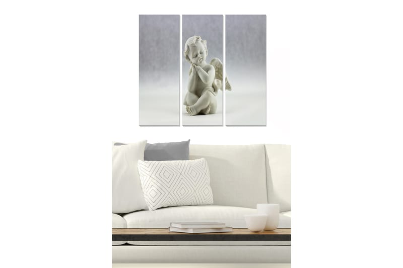 Puinen canvastaulu, 3 osaa, 50x70 cm - Suloinen enkeli unelmoivassa asennossa, Valkoinen / Vaaleanharmaa