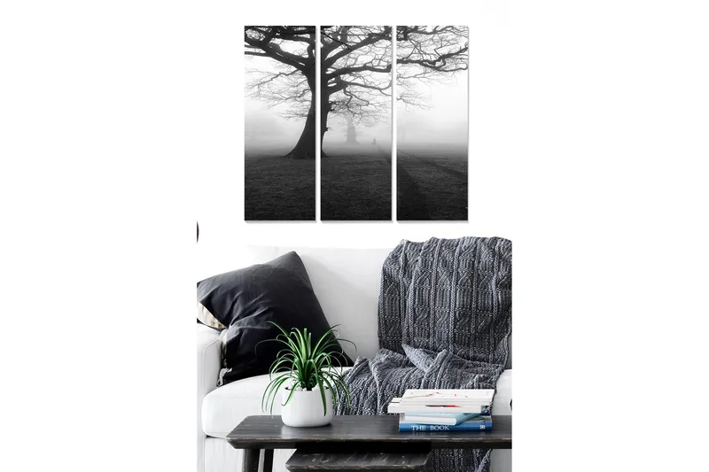Puinen canvastaulu, 3 osaa, 50x70 cm - Suuri, paljas puu sumuisessa maisemassa, Musta / Harmaa