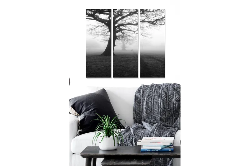 Puinen canvastaulu, 3 osaa, 50x70 cm - Suuri, paljas puu sumuisessa maisemassa, Musta / Harmaa