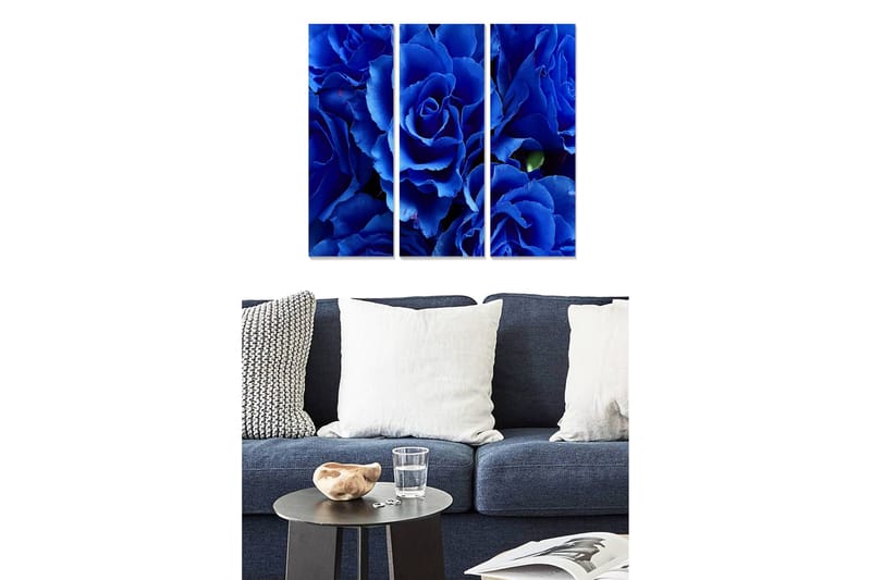 Puinen canvastaulu, 3 osaa, 50x70 cm - Syvänsiniset ruusut harmonisessa sommitelmassa, Syvän sininen / musta / vihreä