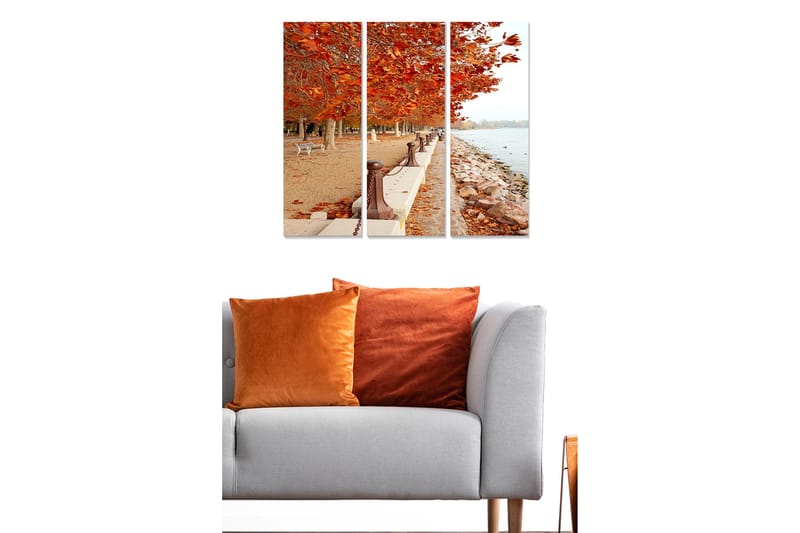 Puinen canvastaulu, 3 osaa, 50x70 cm - Syysmaisema kultaisten lehtipuiden kanssa rantakadulla - Oranssi / Ruskea / Beige - Sisustustuotteet - Taulu & taide - Canvas-taulu