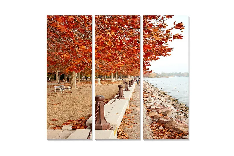Puinen canvastaulu, 3 osaa, 50x70 cm - Syysmaisema kultaisten lehtipuiden kanssa rantakadulla, Oranssi / Ruskea / Beige