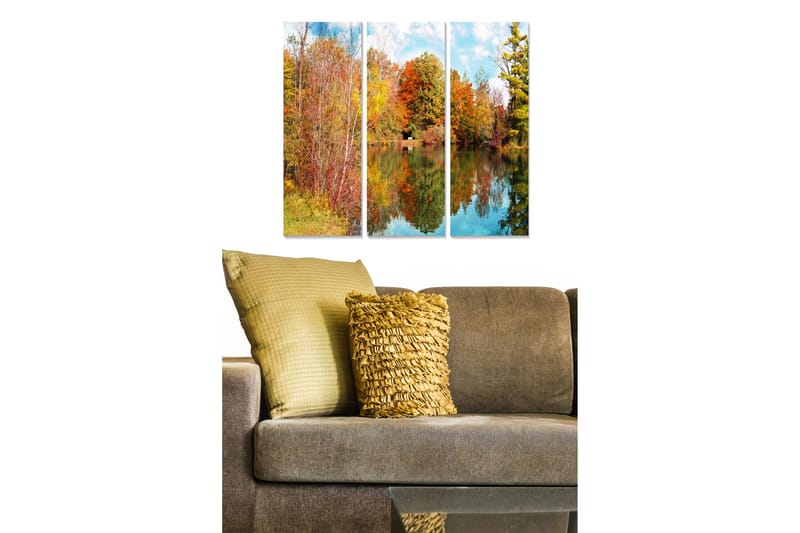Puinen canvastaulu, 3 osaa, 50x70 cm - Syysmaisema värikkäillä puilla ja heijastuksilla vedessä, Punainen / Oranssi / Vihreä