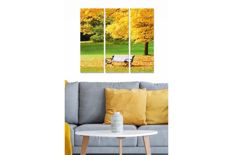 Puinen canvastaulu, 3 osaa, 50x70 cm - Syysmaisema penkillä, kultaisten lehtipuiden ympäröimänä, Kulta / Vihreä