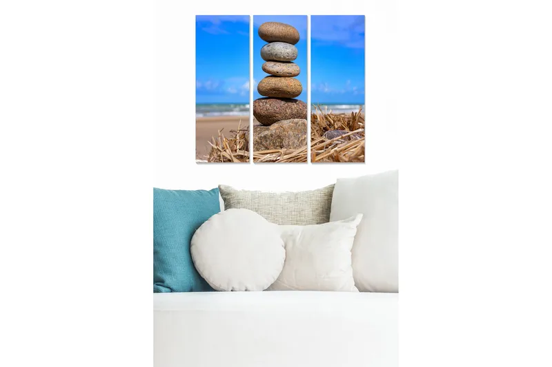 Puinen canvastaulu, 3 osaa, 50x70 cm - Tallikivet harmonisessa pinossa rannalla, Harmaa / Ruskea / Sininen