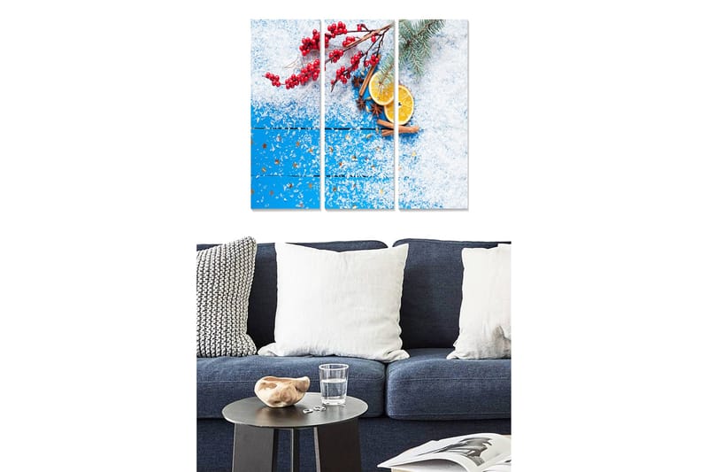 Puinen canvastaulu, 3 osaa, 50x70 cm - Talven hiljaisuus marjojen, appelsiiniviipaleiden ja kanelitankojen kera, Sininen / Punainen / Valkoinen
