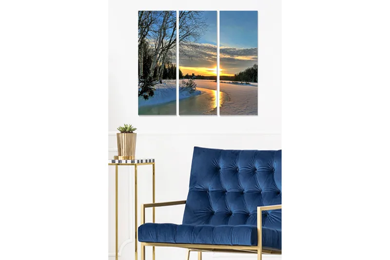 Puinen canvastaulu, 3 osaa, 50x70 cm - Talvimaisema auringonlaskulla jäätyneen joen yllä, Sininen / Valkoinen / Kulta