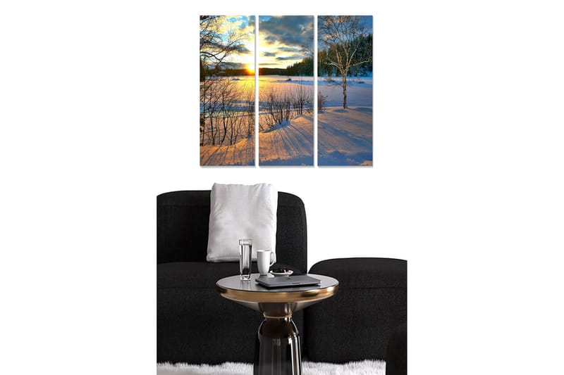 Puinen canvastaulu, 3 osaa, 50x70 cm - Talvimaisema auringonlaskulla lumipeitteisten peltojen yllä, Sininen / Valkoinen / Oranssi