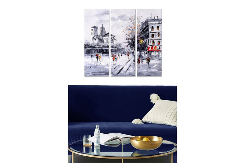 Puinen canvastaulu, 3 osaa, 50x70 cm - Talvimaisema luistelijoiden kanssa jäätyneellä järvellä, Harmaa / Valkoinen / Oranssi