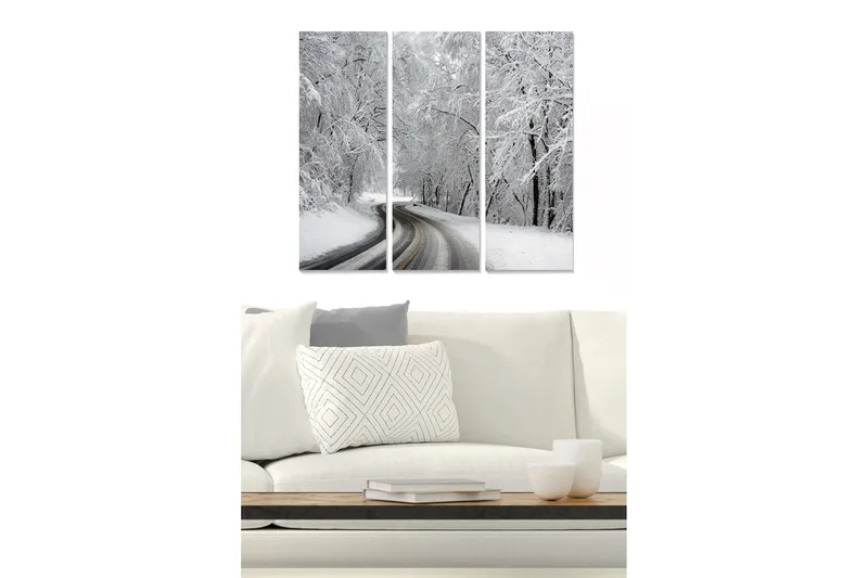 Puinen canvastaulu, 3 osaa, 50x70 cm - Talvimaisema lumipeitteisillä puilla ja mutkittelevalla tiellä, Valkoinen / Harmaa