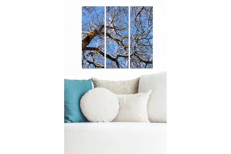 Puinen canvastaulu, 3 osaa, 50x70 cm - Talvimaisema lumipeitteisillä puiden oksilla kirkasta sinistä taivasta vasten, Sininen / Valkoinen / Ruskea