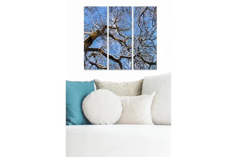 Puinen canvastaulu, 3 osaa, 50x70 cm - Talvimaisema lumipeitteisillä puiden oksilla kirkasta sinistä taivasta vasten, Sininen / Valkoinen / Ruskea