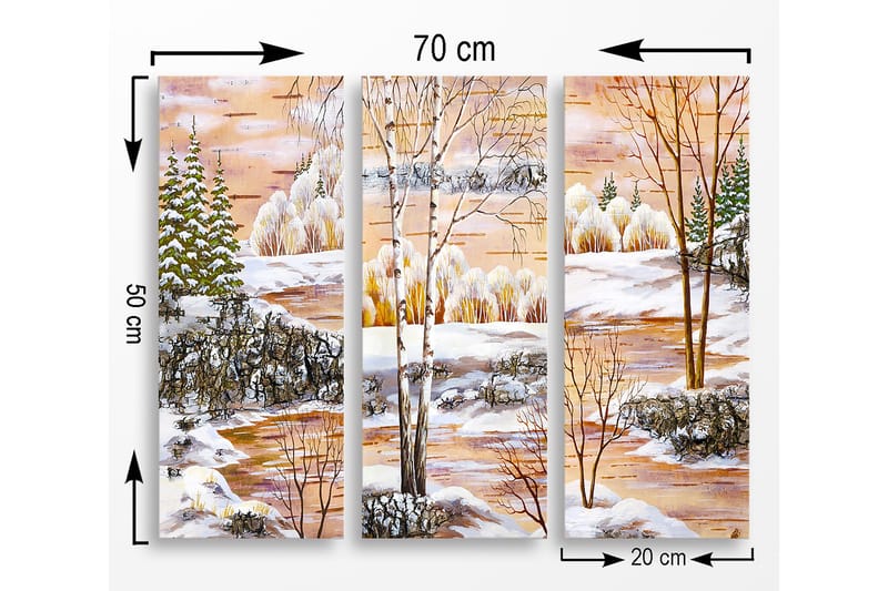 Puinen canvastaulu, 3 osaa, 50x70 cm - Talvimaisema lumipeitteisillä puilla ja peilimäisellä järvellä - Valkoinen / Vihreä / Oranssi - Sisustustuotteet - Taulu & taide - Canvas-taulu