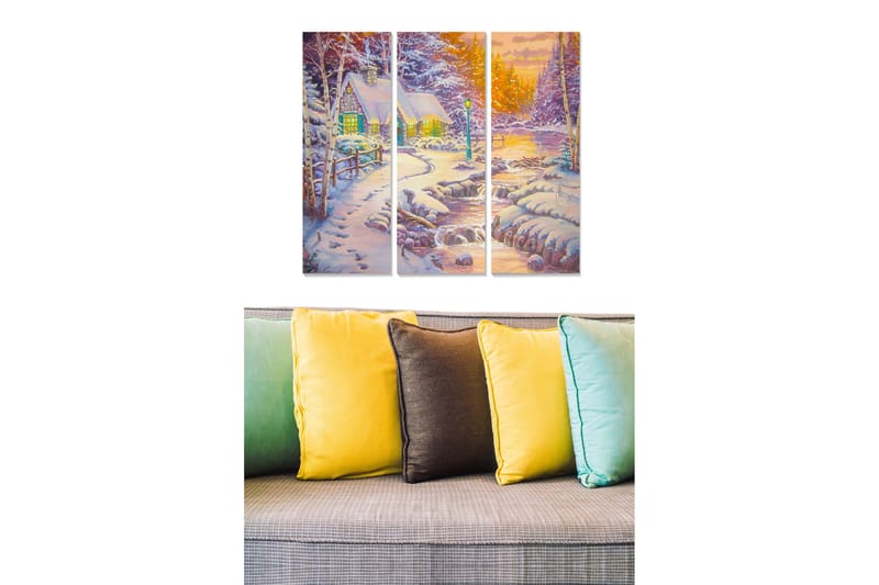 Puinen canvastaulu, 3 osaa, 50x70 cm - Talvimaisema mökillä, jota ympäröi lumi ja puut - Valkoinen / Vihreä / Sininen - Sisustustuotteet - Taulu & taide - Canvas-taulu