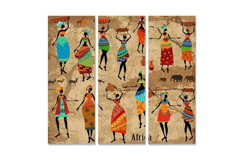 Puinen canvastaulu, 3 osaa, 50x70 cm - Tanssivia naisia värikkäissä vaatteissa ja perinteisissä kuvioissa, Sininen / Punainen / Vihreä