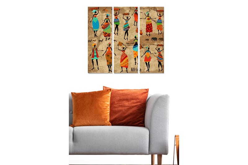 Puinen canvastaulu, 3 osaa, 50x70 cm - Tanssivia naisia värikkäissä vaatteissa ja perinteisissä kuvioissa - Sininen / Punainen / Vihreä - Sisustustuotteet - Taulu & taide - Canvas-taulu