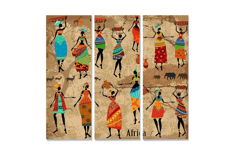Puinen canvastaulu, 3 osaa, 50x70 cm - Tanssivia naisia värikkäissä vaatteissa ja perinteisissä kuvioissa, Sininen / Punainen / Vihreä