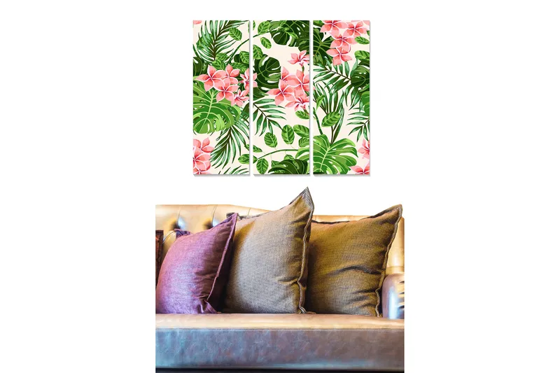 Puinen canvastaulu, 3 osaa, 50x70 cm - Trooppinen kasvisommitelma vaaleanpunaisilla kukilla ja vihreillä lehdillä - Vaaleanpunainen / Vihreä - Sisustustuotteet - Taulu & taide - Canvas-taulu