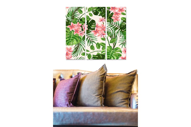 Puinen canvastaulu, 3 osaa, 50x70 cm - Trooppinen kasvisommitelma vaaleanpunaisilla kukilla ja vihreillä lehdillä, Vaaleanpunainen / Vihreä