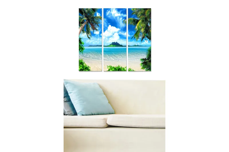 Puinen canvastaulu, 3 osaa, 50x70 cm - Trooppinen ranta palmujen ja kirkkaan sinisen taivaan kanssa, Sininen / Vihreä / Beige