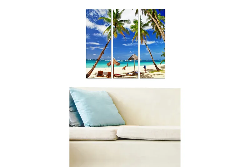 Puinen canvastaulu, 3 osaa, 50x70 cm - Trooppinen ranta palmujen ja kirkkaan sinisen taivaan kanssa, Sininen / Vihreä / Beige