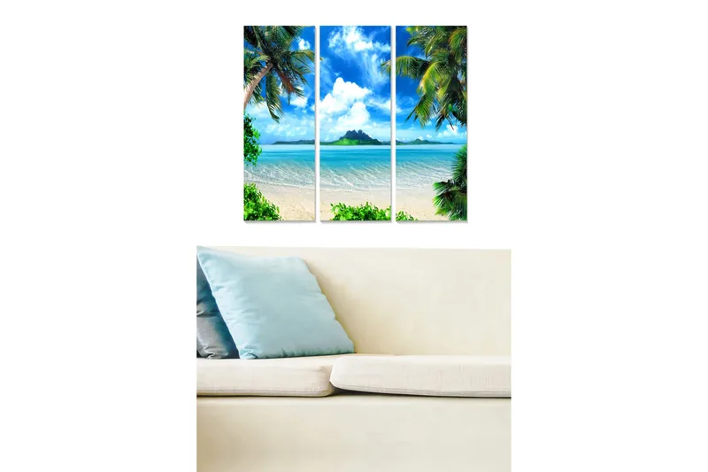 Puinen canvastaulu, 3 osaa, 50x70 cm - Trooppinen ranta palmujen ja kirkkaan sinisen taivaan kanssa, Sininen / Vihreä / Beige