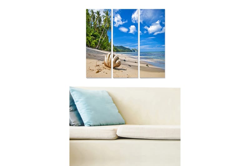 Puinen canvastaulu, 3 osaa, 50x70 cm - Trooppinen ranta palmujen ja kirkkaan sinisen taivaan kanssa, Sininen / Vihreä / Hiekanbeige
