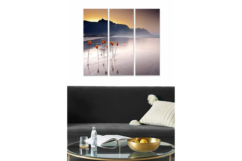 Puinen canvastaulu, 3 osaa, 50x70 cm - Tulppaanit kasvavat peilimäisellä rannalla auringonlaskun aikaan, Oranssi / Violetti / Harmaa