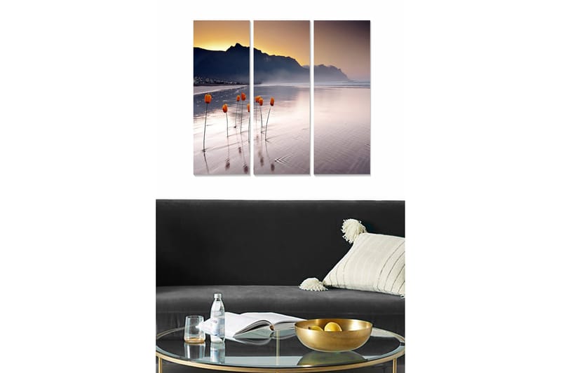 Puinen canvastaulu, 3 osaa, 50x70 cm - Tulppaanit kasvavat peilimäisellä rannalla auringonlaskun aikaan, Oranssi / Violetti / Harmaa