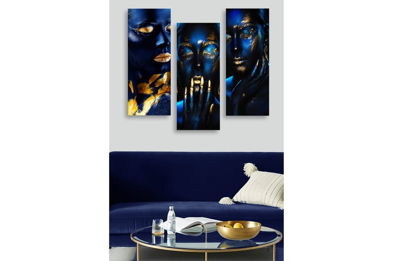Puinen canvastaulu, 3 osaa, 50x70 cm - Tummansiniset kasvot kultaisilla yksityiskohdilla, Tummansininen / Kulta