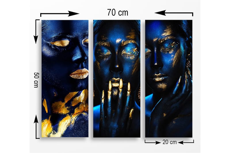 Puinen canvastaulu, 3 osaa, 50x70 cm - Tummansiniset kasvot kultaisilla yksityiskohdilla - Tummansininen / Kulta - Sisustustuotteet - Taulu & taide - Canvas-taulu