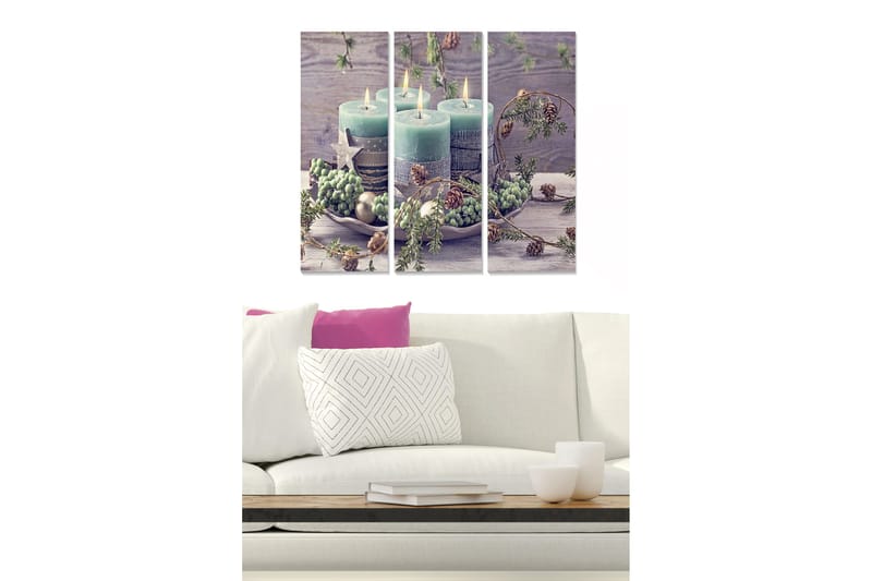 Puinen canvastaulu, 3 osaa, 50x70 cm - Tunnelmallinen asetelma vaaleanvihreistä kynttilöistä ja koristeena kuusi- ja käpykuviot, Vaaleanvihreä / Ruskea / Harmaa