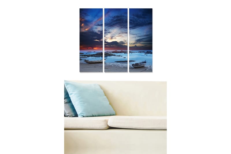 Puinen canvastaulu, 3 osaa, 50x70 cm - Tunnelmallinen merimaisema veneillä auringonlaskun aikaan, Tummansininen / Vaaleansininen / Oranssi