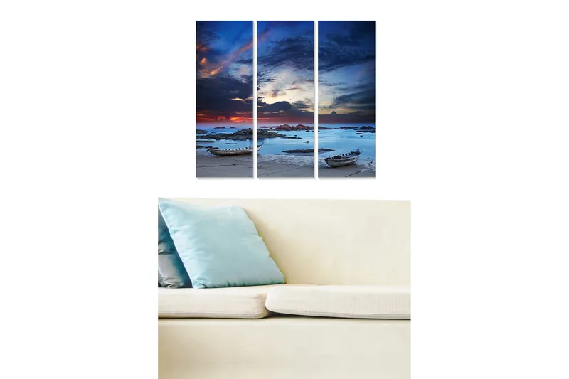 Puinen canvastaulu, 3 osaa, 50x70 cm - Tunnelmallinen merimaisema veneillä auringonlaskun aikaan, Tummansininen / Vaaleansininen / Oranssi