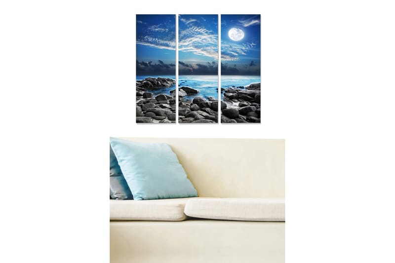 Puinen canvastaulu, 3 osaa, 50x70 cm - Tunnelmallinen merinäkymä kuulla ja kivillä, Sininen / Harmaa / Valkoinen