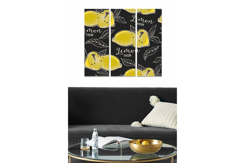 Puinen canvastaulu, 3 osaa, 50x70 cm - Tuoreita sitruunoita lehdillä tummalla pohjalla, Keltainen / Musta