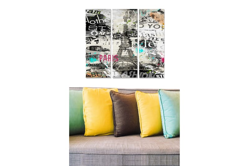 Puinen canvastaulu, 3 osaa, 50x70 cm - Tyylitelty kuva Eiffel-tornista tekstillä ja värikkäillä elementeillä, Musta / Harmaa / Vaaleanpunainen
