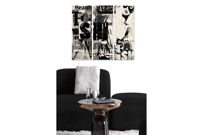 Puinen canvastaulu, 3 osaa, 50x70 cm - Tyylitelty nainen muoti- ja kauneusaiheilla, Musta / Valkoinen / Harmaa