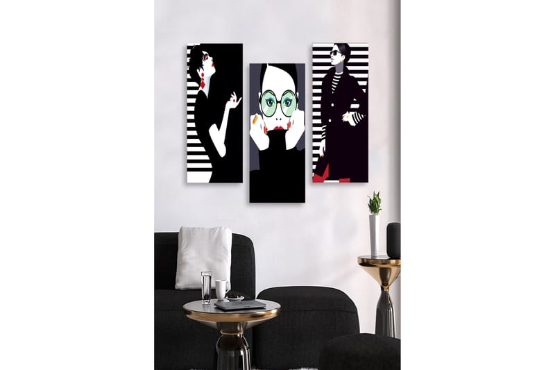 Puinen canvastaulu, 3 osaa, 50x70 cm - Tyyliteltyjä muotokuvia muoti-ikoneista graafisilla elementeillä, Musta / Valkoinen / Punainen