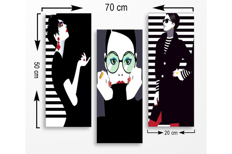 Puinen canvastaulu, 3 osaa, 50x70 cm - Tyyliteltyjä muotokuvia muoti-ikoneista graafisilla elementeillä - Musta / Valkoinen / Punainen - Sisustustuotteet - Taulu & taide - Canvas-taulu