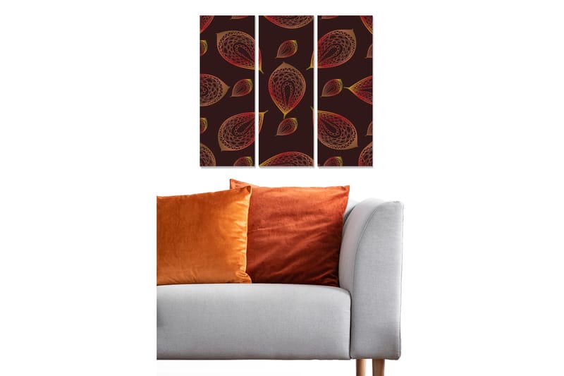 Puinen canvastaulu, 3 osaa, 50x70 cm - Tyyliteltyjen lehtien kuvio lämpimissä väreissä, Tummanpunainen / Kulta / Oranssi
