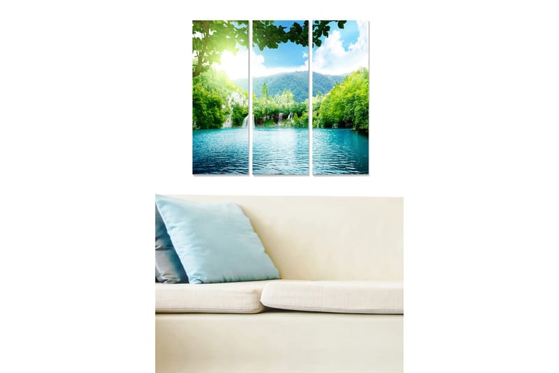Puinen canvastaulu, 3 osaa, 50x70 cm - Tyyni järvi vehreyden ja vuorten ympäröimänä, Turkoosi / Vihreä / Sininen