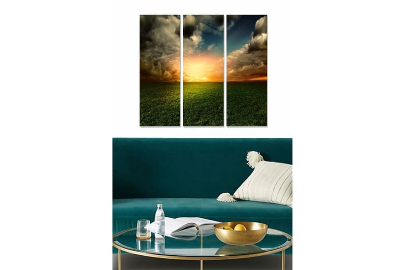Puinen canvastaulu, 3 osaa, 50x70 cm - Upea auringonlasku avoimen maiseman yllä, Vihreä / Oranssi / Sininen