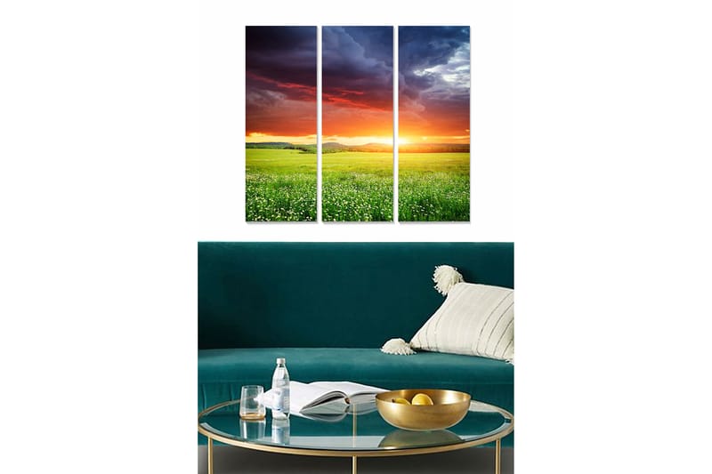 Puinen canvastaulu, 3 osaa, 50x70 cm - Upea auringonlasku vihreän niityn yllä, Vihreä / Oranssi / Sininen