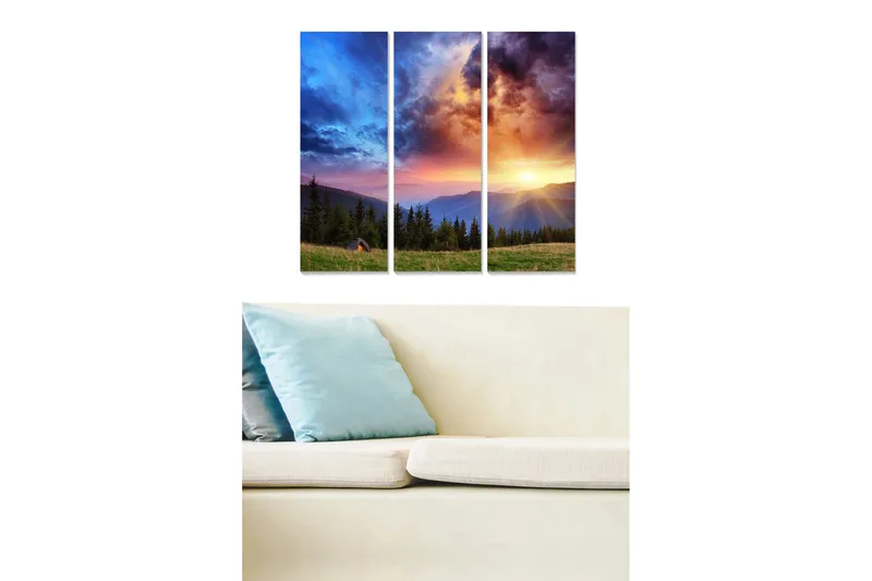 Puinen canvastaulu, 3 osaa, 50x70 cm - Upea auringonlasku vuoristomaiseman yllä, Sininen / Oranssi / Vihreä