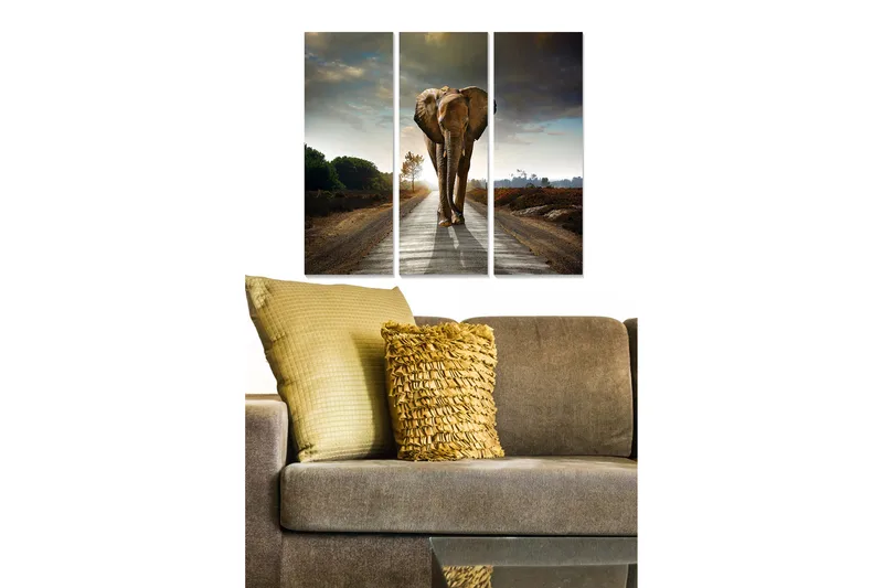 Puinen canvastaulu, 3 osaa, 50x70 cm - Upea norsu kävelee tietä pitkin luonnonkauniissa ympäristössä, Harmaa / Ruskea / Vihreä